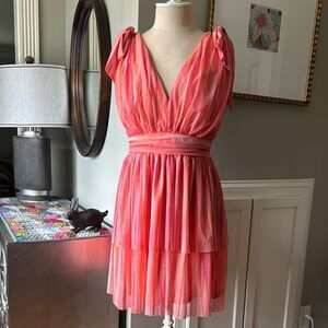 g.p.d. Pink Orange Mini Dress with Plunge Neckline and Tiered Skirt sz Large NWT